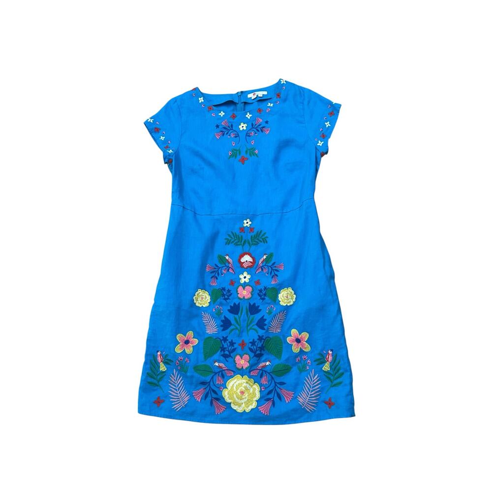 Boden Linen Embroidered Shift Dress Blue Floral Bird Pockets US 8 UK 12 -